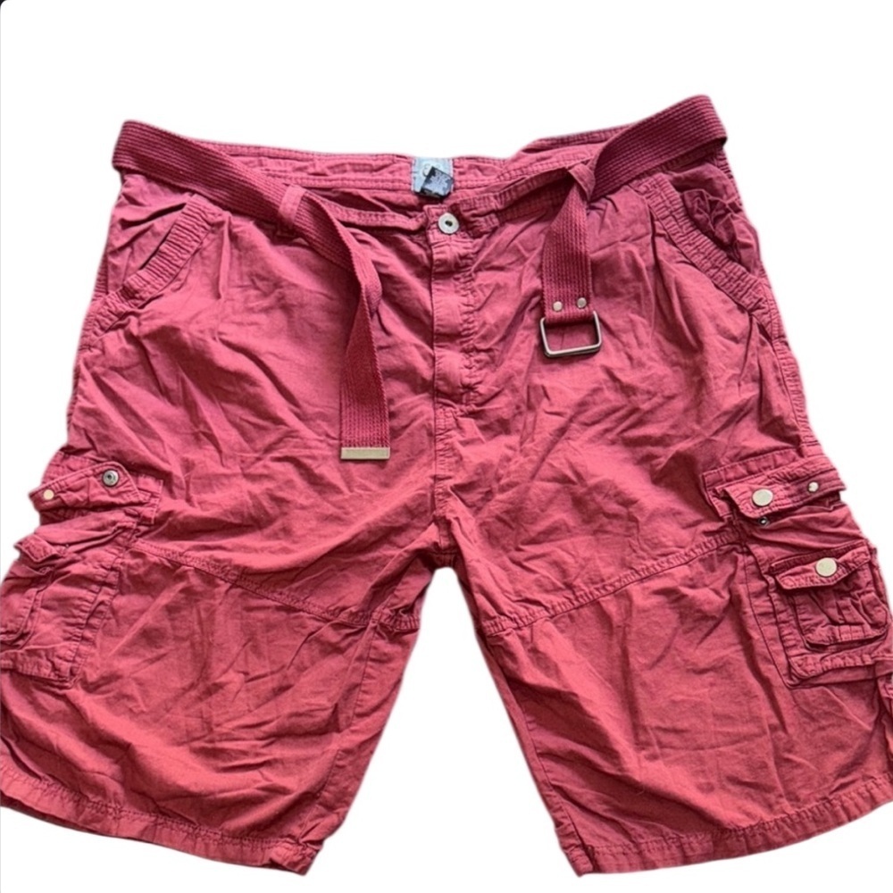 🔴 Kilburne & Finch 100% Cotton Burgundy Men's Belted Cargo Shorts Size 48W/46